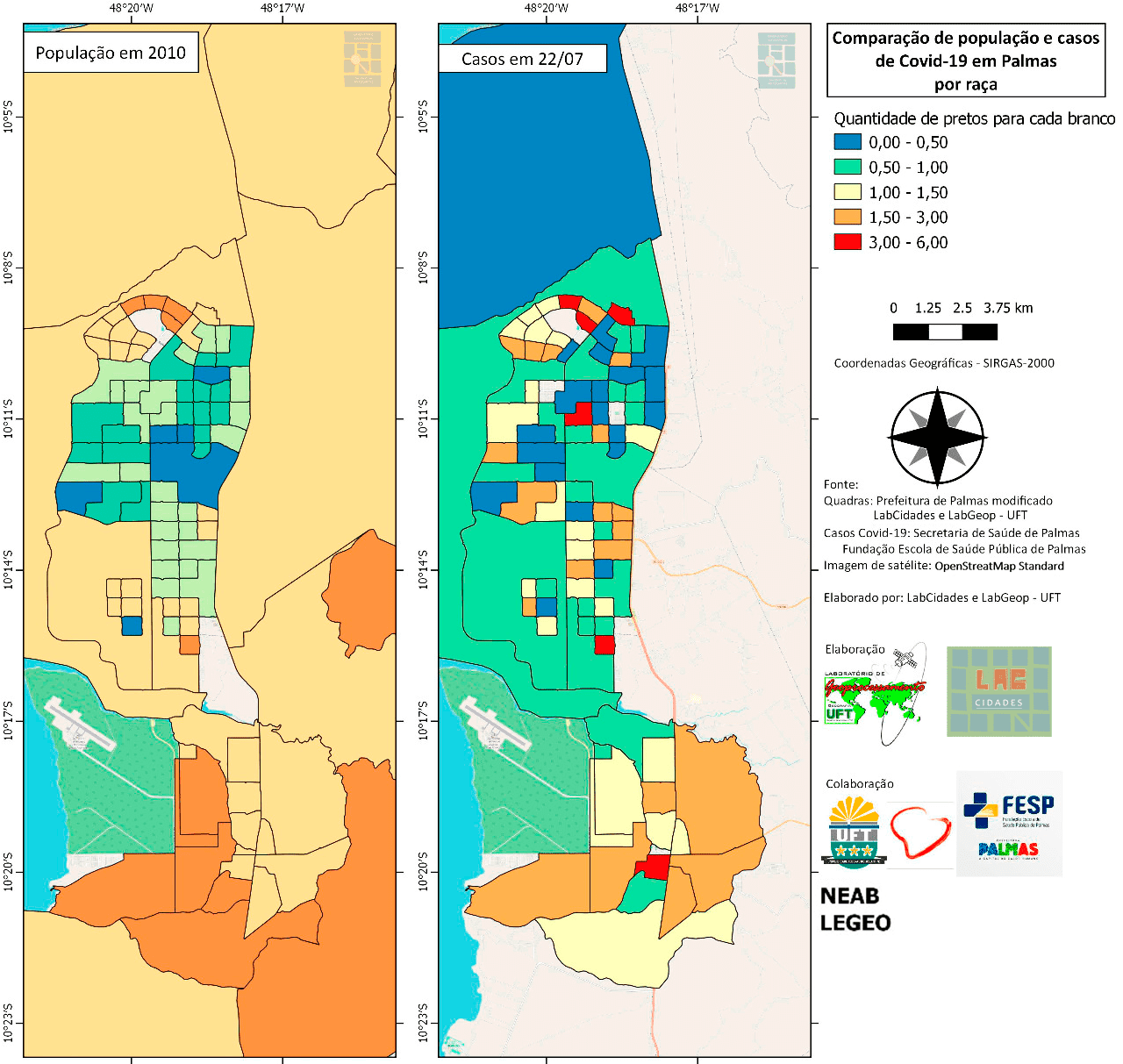 Comparação população e casos de COVID-19 em Palmas por Raça